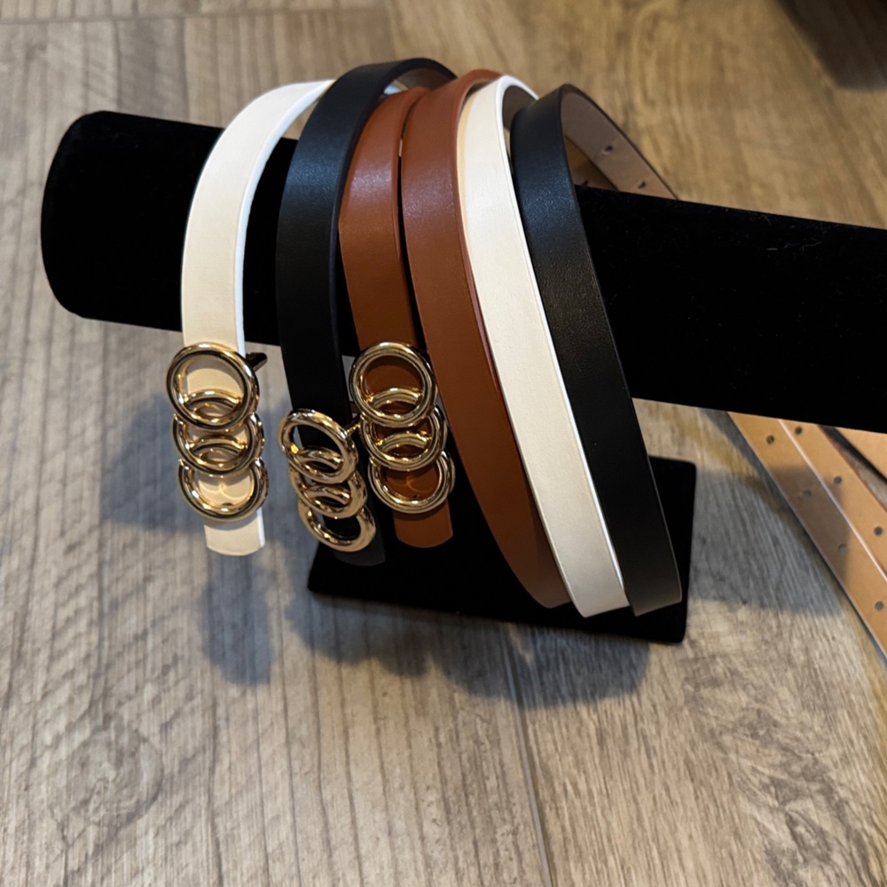 ONE/SIZE Triple Ring Buckle Belt Set - Black, Brown, White